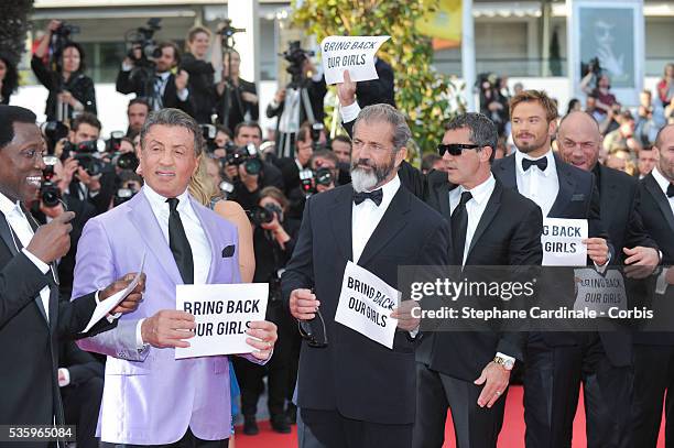 Wesley Snipes, Sylvester Stallone, Ronda Rousey, Mel Gibson and Antonio Banderas at the "The Homesman" Premiere during the 67th Cannes Film Festival