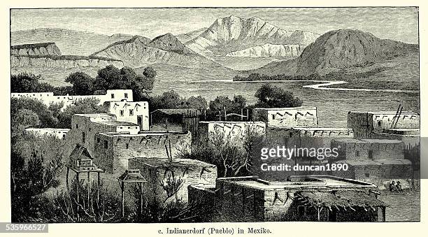 19th century mexico - pueblo indian village - pueblo built structure stock illustrations