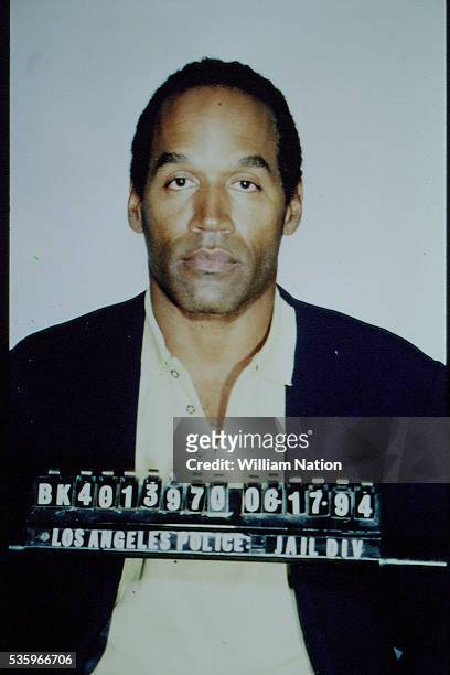 Trial of former football player and actor O.J. Simpson: mugshot. He's convicted for the murder of his wife Nicole Brown and her friend Ronald Goldman...