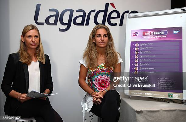 Barbara Schett interviews Arantxa Sanchez-Vicario as she returns as ambassador to BNP Paribas WTA Finals Singapore on day ten of the 2016 French Open...