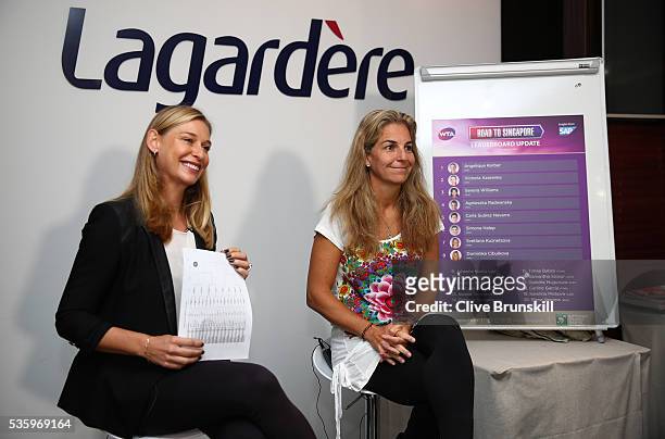 Barbara Schett interviews Arantxa Sanchez-Vicario as she returns as ambassador to BNP Paribas WTA Finals Singapore on day ten of the 2016 French Open...