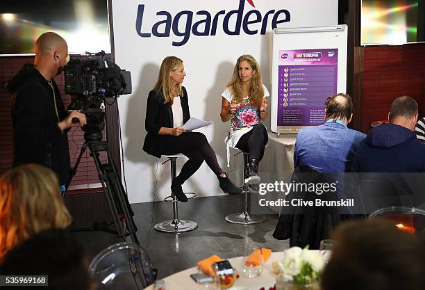 Barbara Schett interviews Arantxa Sanchez-Vicario as she returns as ambassador to BNP Paribas WTA Finals Singapore on day ten of the 2016 French Open...