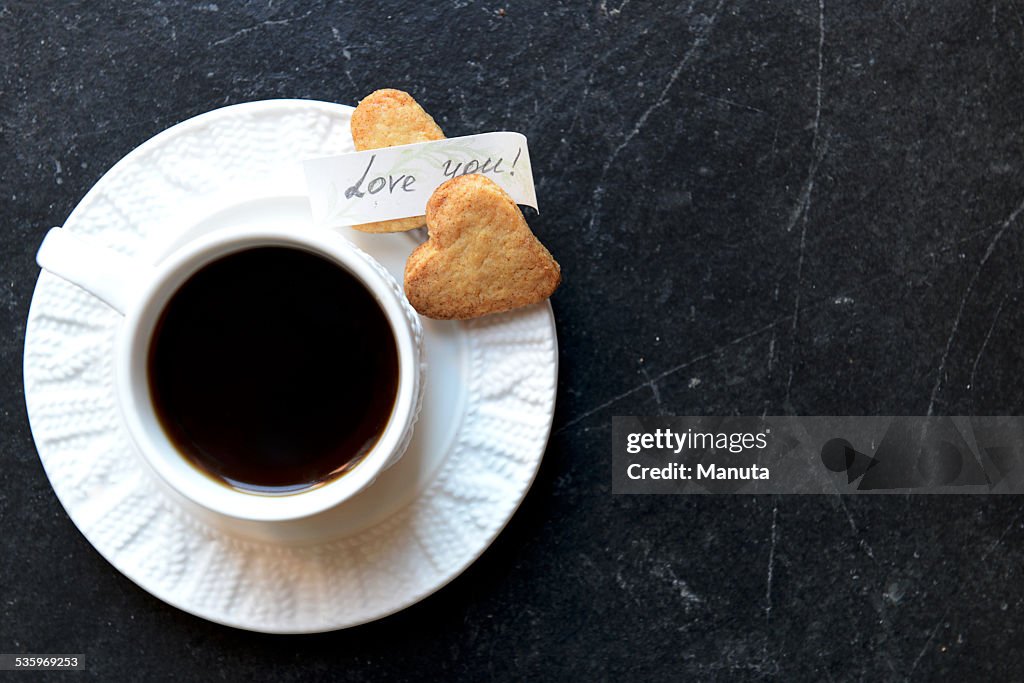 Cup of Coffee, Heart Shaped Cookies and Love You Note