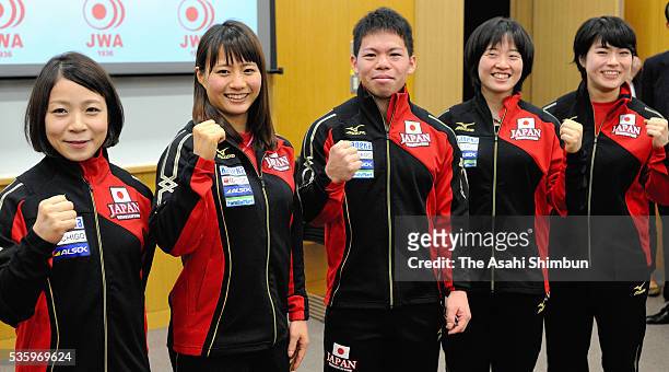 Hiromi Miyake, Kanae Yagi, Yoichi Itokazu, Mikiko Ando and Namika Matsumoto pose for photographs during the Japan Weightlifting team press conference...