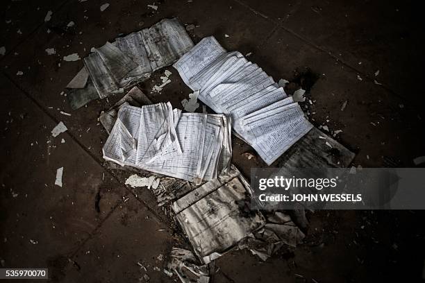 This photo shows medical documents on the ground of a hospital which was allegedly attacked by ReNaMo forces on May 25, 2016 in the Gorongosa...