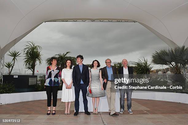 Rebecca O'Brien, Aisling Francios, Barry Ward, Simone Kirby, Ken Loach and Paul Laverty attend the 'Jimmy's Hall' photocall during the 67th Cannes...