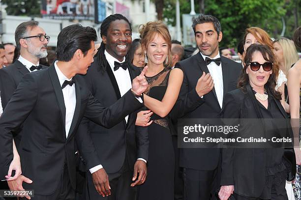 Frederic Chau, Noom Diawara, Julia Piaton, Ary Abittan, Chantal Lauby attend the 'Jimmy's Hall' premiere during the 67th Cannes Film Festival