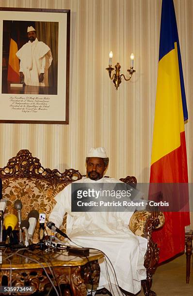 Chadian head of state Hissen Habre speaks to the press before his visit with President Mobutu Sese Seko of Zaire, later the Republic of Congo. Habre...
