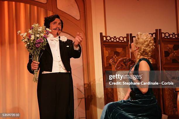 Patrice Laffont and Marie-Ange Nardi as General Irrigua and Lucette Gautier in the play "Un Fil à la Patte" by Feydeau, adapted by Olivier Minne and...