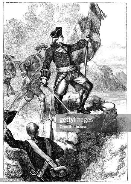 antique illustration of lafayette in yorktown - marquis de lafayette stock illustrations
