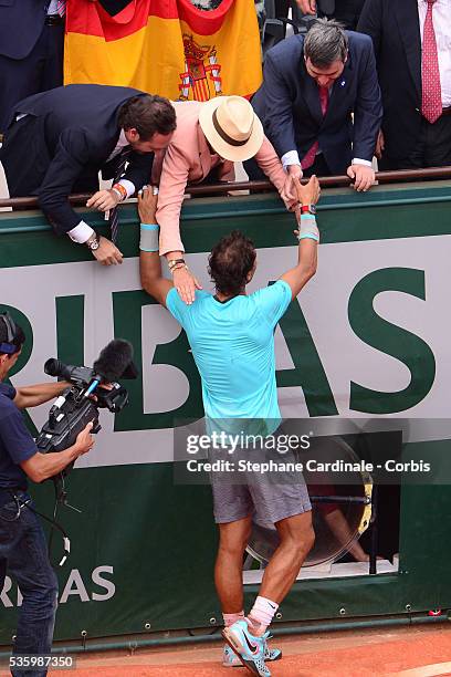 Infanta Elena of Spain congratulates Rafael Nadal after he won the Men's Final of Roland Garros French Tennis Open 2014 - Day 15 on June 8, 2014 in...