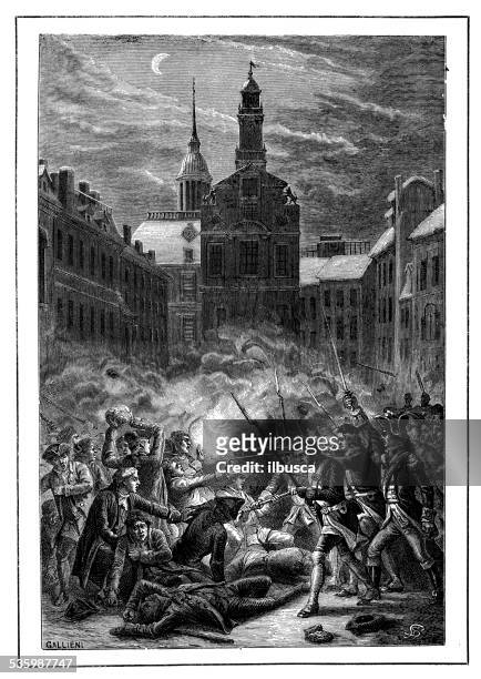 antique illustration of boston massacre (incident on king street) - boston massacre stock illustrations