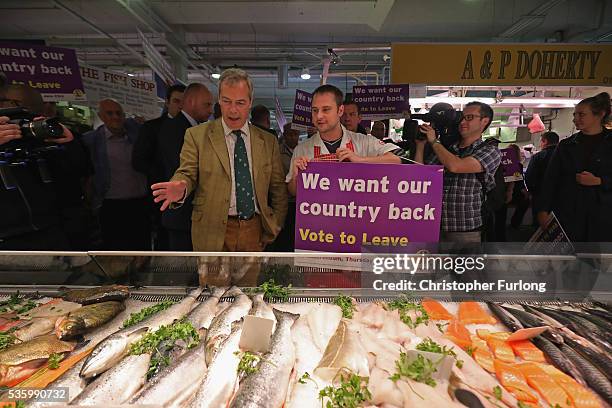 Leader of the United Kingdom Independence Party , Nigel Farage talks to supporters and market traders in Birmingham Rag Market during campaigning for...