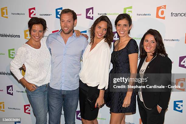 Nathalie Lebreton, Vincent Bekaert, Julia Vignali, Carole Tolila and Elsa Grangier attend 'France Televisions' Photocall at Palais De Tokyo on August...