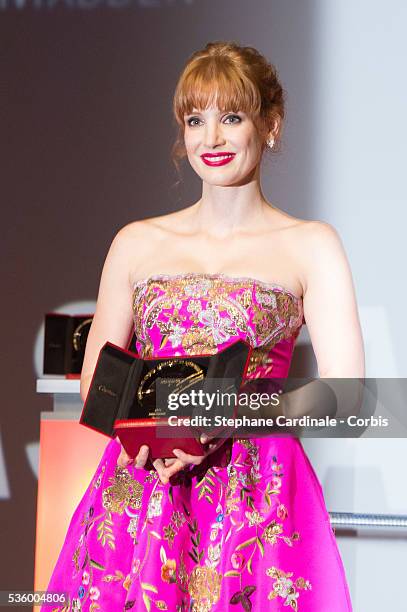 Jessica Chastain receives a tribute during the opening ceremony of 40th Deauville American Film Festival on September 5, 2014 in Deauville, France.