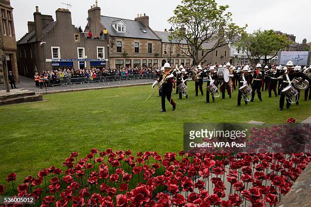 The band of the Royal Marines play at the commemorations of the 100th anniversary of the Battle of Jutland at St Magnus Cathedral on May 31, 2016 in...