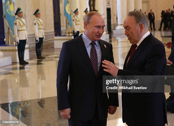 Russian President Vladimir Putin and Kazakh President Nursultan Nazarbayev during the Eurasian Economic Union Summit at Akorda Palace on May 31, 2016...