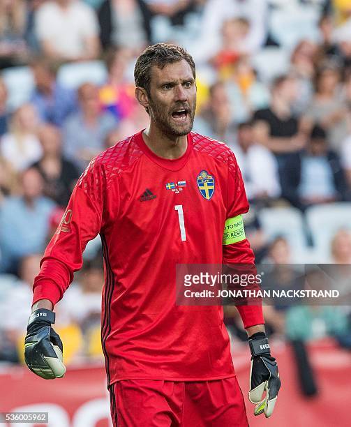 Sweden's goalkeeper Andreas Isaksson reacts during the friendly football match between Sweden and Slovenia at Swedbank stadium in Malmo on May 30,...