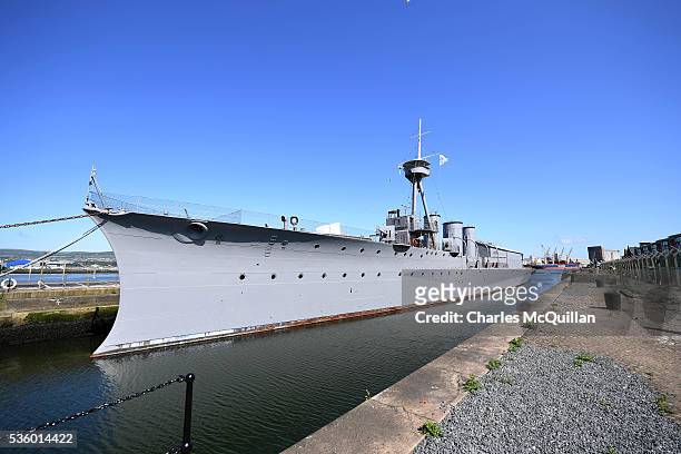 Caroline moored in the Titanic Quarter on May 31, 2016 in Belfast, Northern Ireland. HMS Caroline is the last surviving ship from the 1916 Battle of...