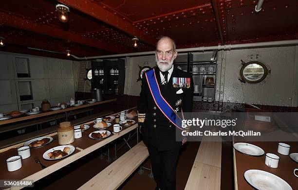 Prince Michael of Kent inspects the newly refurbished HMS Caroline on May 31, 2016 in Belfast, Northern Ireland. HMS Caroline is the last surviving...