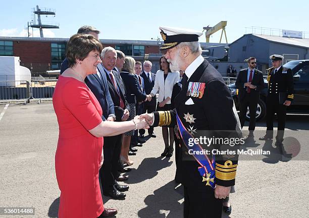 Prince Michael of Kent is greeted by Northern Ireland First Minister Arlene Foster at HMS Caroline on May 31, 2016 in Belfast, Northern Ireland. HMS...