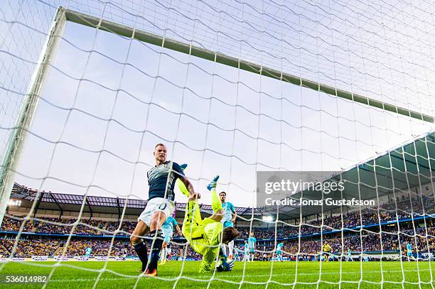 John Guidetti of Sweden trying to shoots a header during the international friendly match between Sweden and Slovenia May 30, 2016 in Malmo, Sweden.