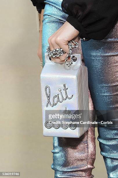 Handbag detail of Clara Paget is seen as she attends the Chanel show as part of the Paris Fashion Week Womenswear Spring/Summer 2015 on September 30,...