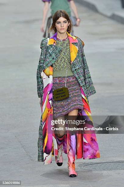 Model walks the runway during the Chanel show as part of the Paris Fashion Week Womenswear Spring/Summer 2015 on September 30, 2014 in Paris, France.