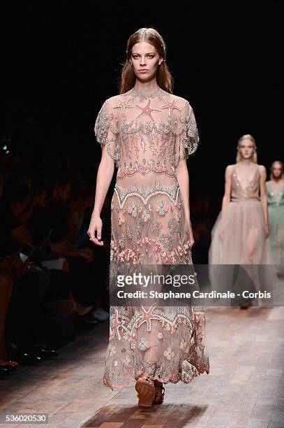 Model walks the runway during the Valentino show as part of the Paris Fashion Week Womenswear Spring/Summer 2015 on September 30, 2014 in Paris,...