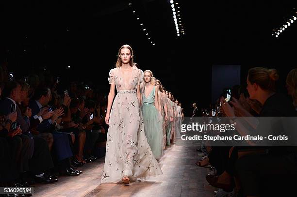 Models walk the runway during the Valentino show as part of the Paris Fashion Week Womenswear Spring/Summer 2015 on September 30, 2014 in Paris,...