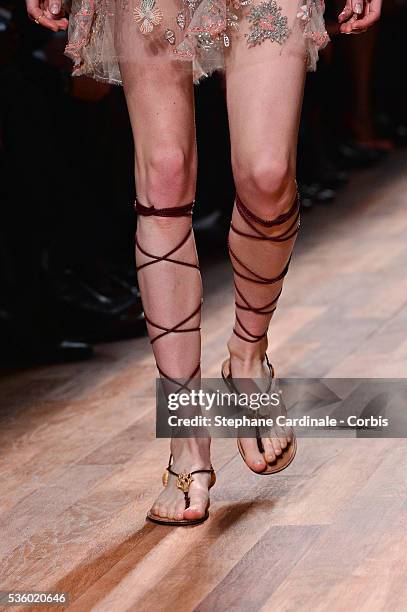 Shoes of a model is seen as she walks the runway during the Valentino show as part of the Paris Fashion Week Womenswear Spring/Summer 2015 on...