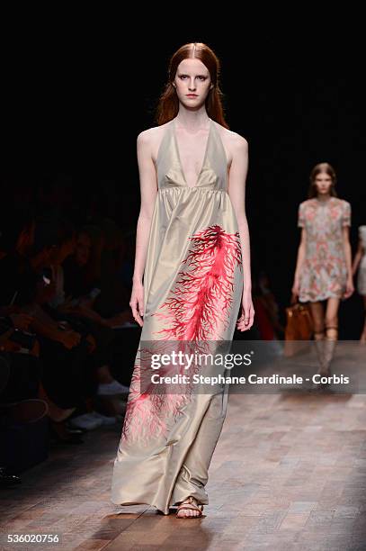 Model walks the runway during the Valentino show as part of the Paris Fashion Week Womenswear Spring/Summer 2015 on September 30, 2014 in Paris,...