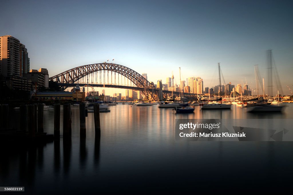 Sydney harbour bridge and city sunrise