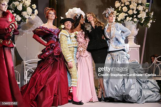 British designer John Galliano with his models on the catwalk at the Christian Dior "Haute Couture" Fall-Winter 2007/2008 collection held at the...
