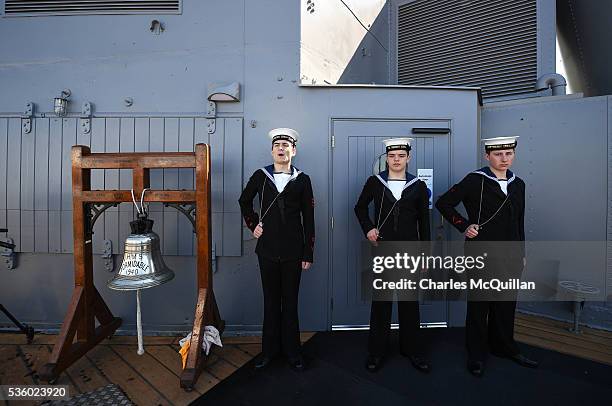 The commemorative service takes place at HMS Caroline on May 31, 2016 in Belfast, Northern Ireland. HMS Caroline is the last surviving ship from the...