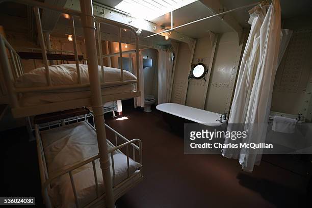 The restored sleeping area onboard HMS Caroline on May 31, 2016 in Belfast, Northern Ireland. HMS Caroline is the last surviving ship from the 1916...