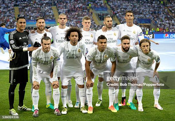 Real Madrid pose for a team group before the UEFA Champions League Final match between Real Madrid and Club Atletico de Madrid at Stadio Giuseppe...