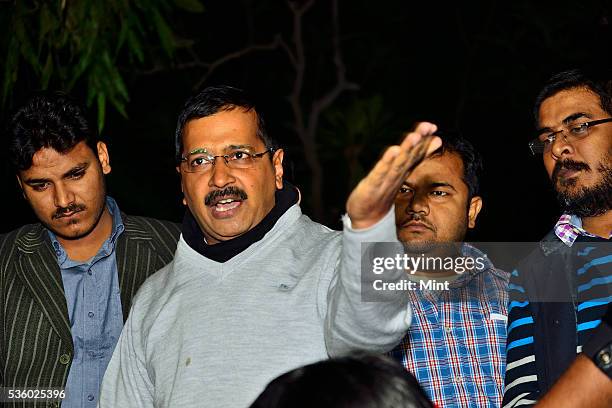 Furious Delhi Chief Minister Arvind Kejriwal addresses media on CBI raid at the office of his Principal Secretary on December 12, 2015 in New Delhi,...