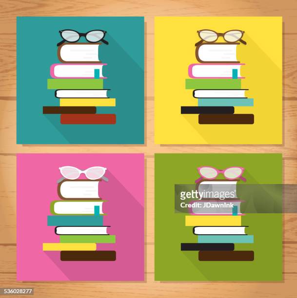 retro book club design set of four with wooden background - book club stock illustrations