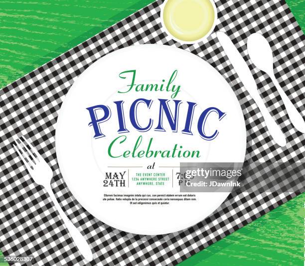 picnic invitation design template bright green background - summer table setting stock illustrations