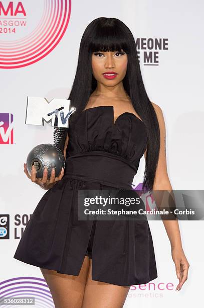 Nicki Minaj poses in the winners room at the MTV EMA's 2014 after winning the award for Best Hip Hop at The Hydro on November 9, 2014 in Glasgow,...