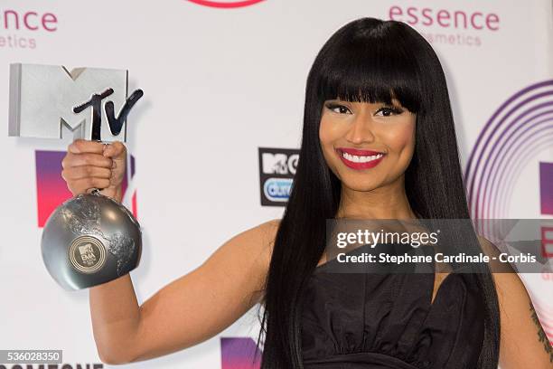 Nicki Minaj poses in the winners room at the MTV EMA's 2014 after winning the award for Best Hip Hop at The Hydro on November 9, 2014 in Glasgow,...