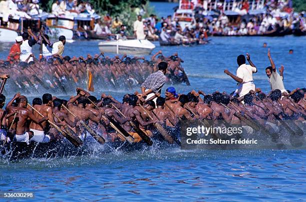 snake boat race in kerala backwaters - snake boat race stock-fotos und bilder