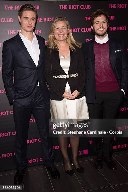 Max Irons, Lone Scherfig and Sam Claflin attend 'The Riot Club' Paris Premiere at Mk2 Bibliotheque on December 1, 2014 in Paris, France.