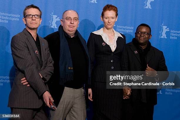 Director James Mackay, actor Isaac Julien and actress Tilda Swinton at the "Derek" photo call during the 58th Berlinale Film Festival.