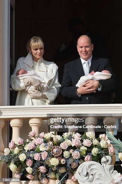 Prince Albert II of Monaco and Princess Charlene of Monaco pose with Prince Jacques and Princess Gabriella on the Balcony of the Monaco Palace on...