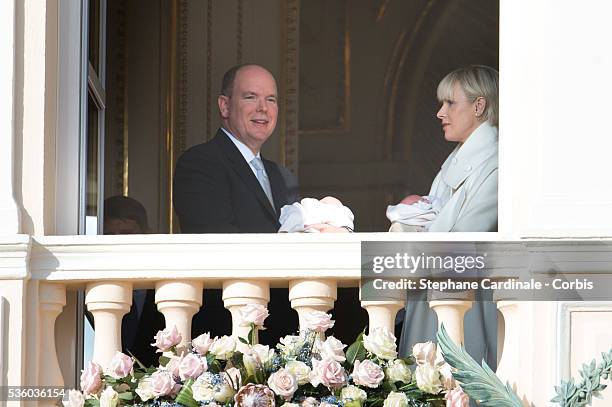 Prince Albert II of Monaco and Princess Charlene of Monaco pose with Prince Jacques and Princess Gabriella on the Balcony of the Monaco Palace on...