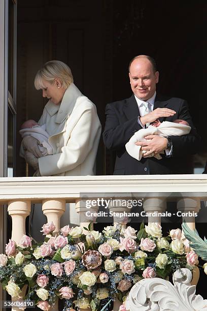 Prince Albert II of Monaco and Princess Charlene of Monaco pose with Prince Jacques and Princess Gabriella on the Balcony of the Monaco Palace on...