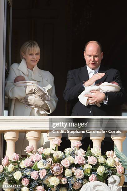 Prince Albert II of Monaco and Princess Charlene of Monaco pose with Prince Jacques and Princess Gabriella on the Balcony of the Monaco Palace on...