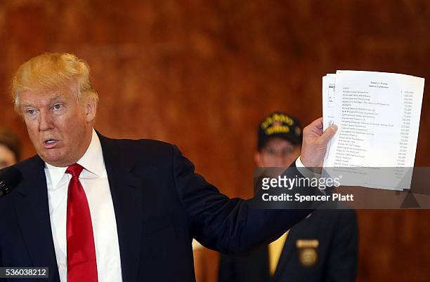 Republican presidential candidate Donald Trump holds a sheet of paper with his donations listed at a news conference at Trump Tower where he...